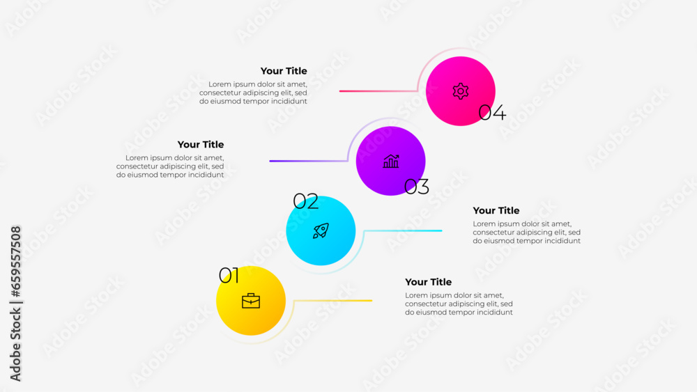 Poster Four multi-colored circles infographic. Business data visualization. Template for presentation with 4 options