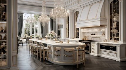An opulent kitchen with a hidden pantry and sophisticated light fixtures.
