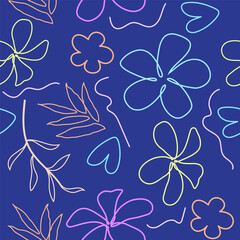 Fototapeta na wymiar Line drawing work Seamless doodle style floral leaves in blue for fabric prints.
