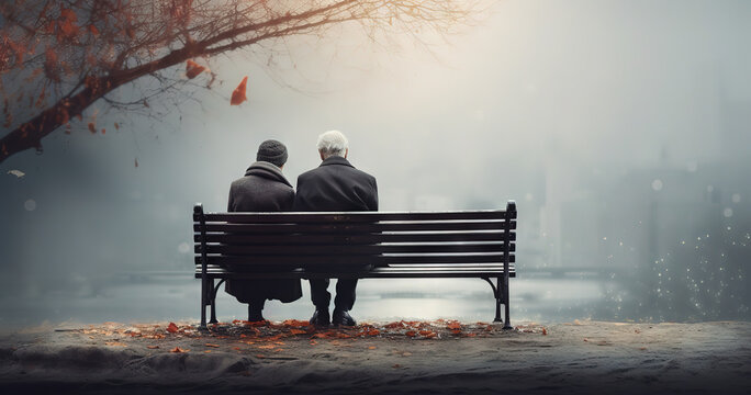 two old people sitting on a park bench