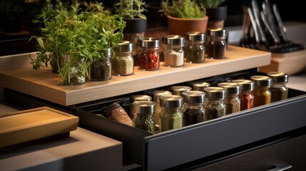 Fototapeta na wymiar A chef's kitchen with a personalized spice organization system and an integrated herb garden.