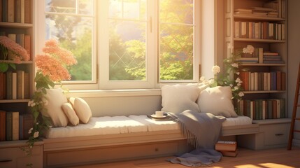 A peaceful corner for reading, bathed in soft sunlight, adorned with a cushioned window seat.