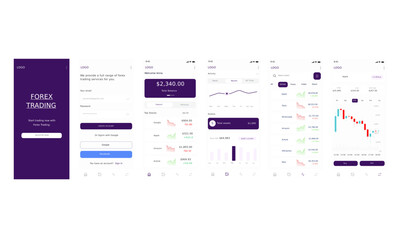 Trading in Forex and Trade Stock Market Mobile App Ui Kit Purple Template
