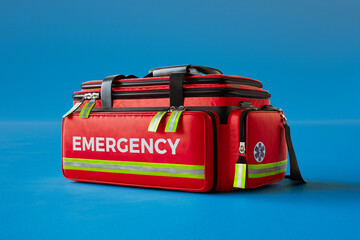 The red emergency first aid bag in the studio. Paramedic kit on the blue surface