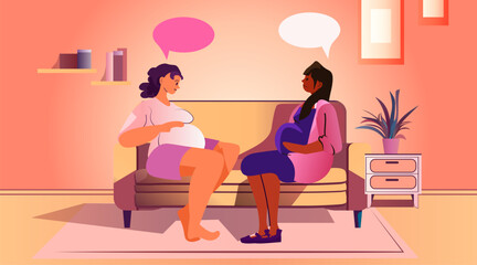 mix race pregnant women future moms sitting on sofa and discussing during meeting pregnancy motherhood expectation