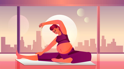 pregnant woman future mom doing stretching fitness exercises pregnancy motherhood expectation healthy lifestyle concept yoga studio interior