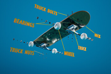 Disassembled skateboard elements floating in air demonstrating parts with names.