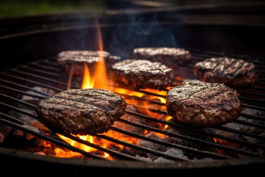 Sizzling Burger Patties On A Portable Grill Above A Fire