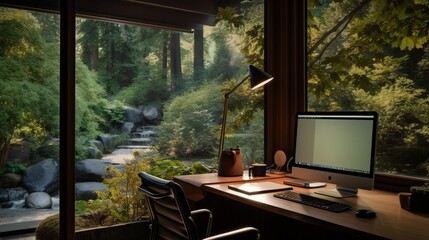 A secluded home office with a serene backyard view, fostering productivity.