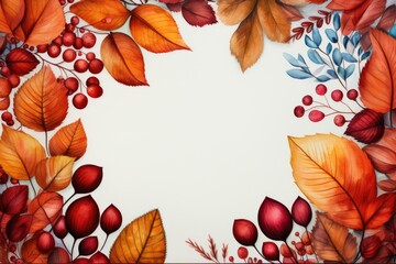 Watercolor autumn leaves and rose hips in the shape of a round frame on a white background