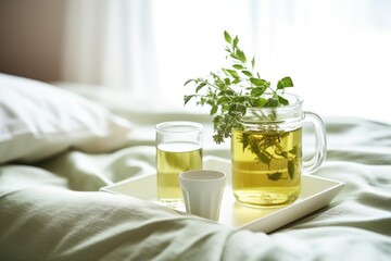 a cup of herbal tea on a bedside table - obrazy, fototapety, plakaty