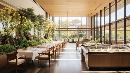 A modern culinary space surrounded by floor-to-ceiling windows, overlooking lush gardens.