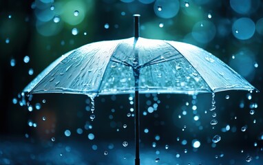 Transparent umbrella under rain against water drops splash background