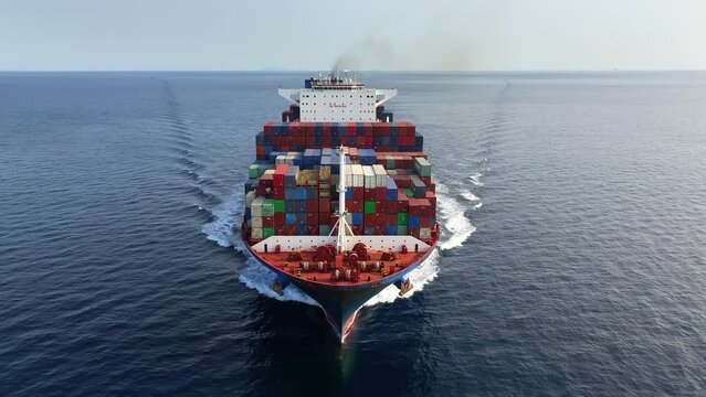 Aerial front view tracking of a very large container cargo ship traveling with speed over calm ocean