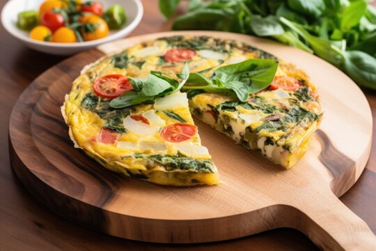 vegetable frittata on a round wooden platter