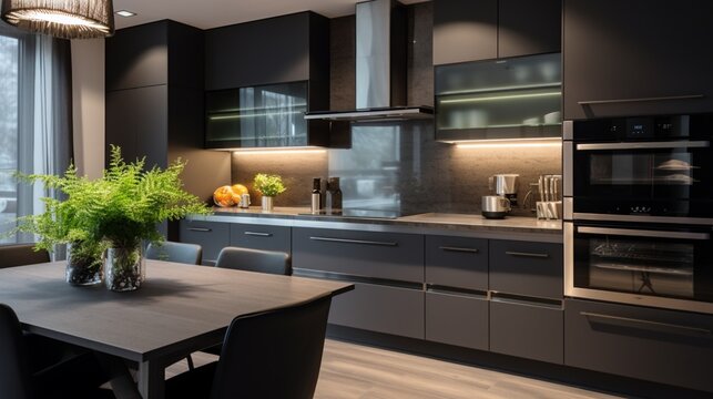 A modern kitchen with a sleek glass backsplash and state-of-the-art black appliances.