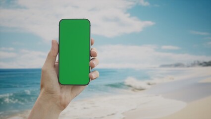GREEN SCREEN 30s Caucasian male holding a generic smartphone near the ocean - Powered by Adobe