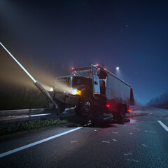 Demolished armored truck on the roadside. Money on the road. Night crime scene. - obrazy, fototapety, plakaty