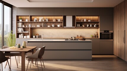 A designer kitchen with a harmonious blend of open shelving and closed cabinets.