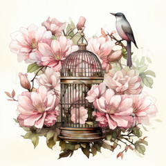 Waterco Bird Cage flower perot illustration, Generative Ai