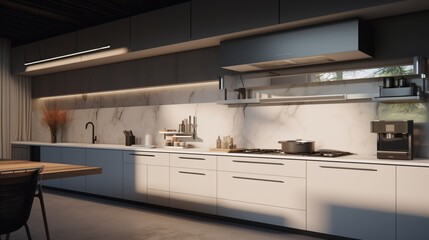A simplistic kitchen layout featuring a floating range hood and discreetly placed appliances.