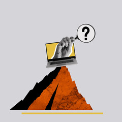 Laptop with a magnifying glass on top of a mountain. Art collage.