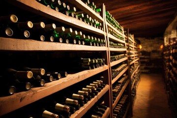 rows of wine bottles stored in a basement rack