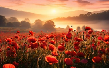 red poppy field in morning mist