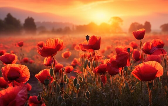 red poppy field in morning mist © Tisha