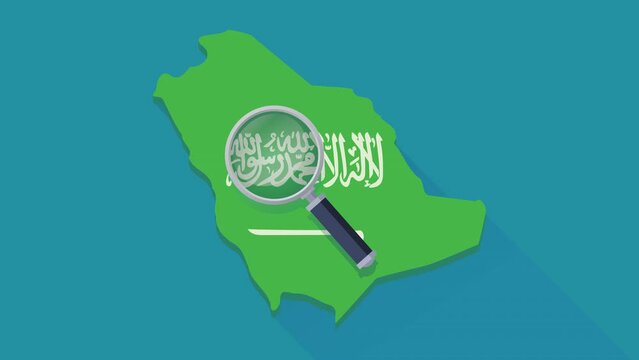 Animation loop of a search for a magnifying glass on the 3D map of Saudi Arabia in colors of Saudi Arabia flag with a white background, blue background and alpha channel in flat style