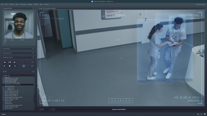 Playback CCTV cameras in modern clinic on PC screen. User interface of surveillance system program and AI face recognition. Security cameras footage. Medical staff and patients in hospital hallway.