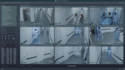 Playback CCTV cameras in hospital hallway on computer or tablet screen. User interface of monitoring program and people AI recognition system. Security cameras. Concept of surveillance and tracking.