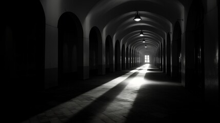 Fototapeta premium A interplay of light and darkness in a monochromatic corridor.