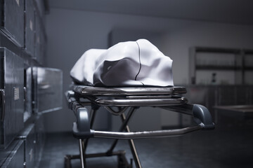 A deceased person lying on a table in a morgue, covered with a white sheet - obrazy, fototapety, plakaty