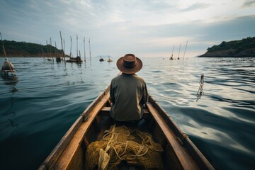 anonymous man sitting on boat in rippling sea