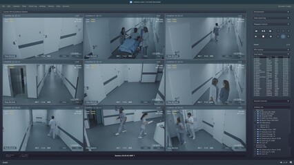 Playback CCTV cameras in hospital hallway on computer or tablet screen. User interface of...