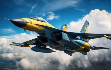 Day. White light F16 military fighter in sky with the flag of ukraine