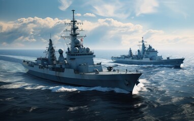 Day. White background Three military ships in the sea.