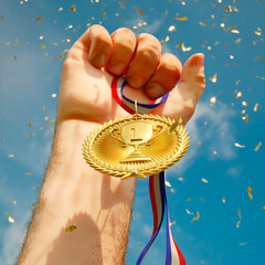 Rising hand holding a shiny gold medal. Top winner with first prize. Victory.