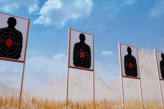 Shooting range with target riddled by bullets. Training practice or competition