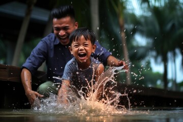 boy sitting on a jetty being splashed with water by his father,