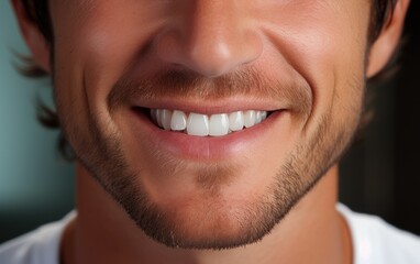 close up of big smile, white smile, beautiful teeth, man model, white background.