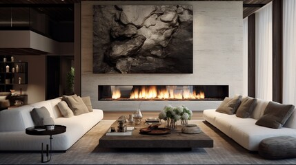 Chic Lounge Area with a Modern Fireplace and Plush Velvet Sofas.