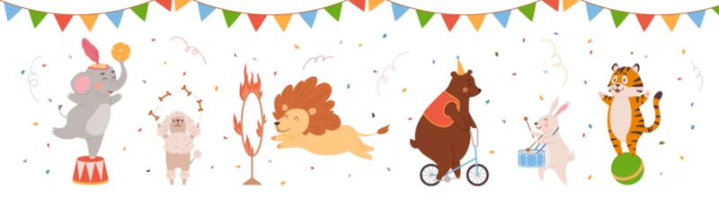 Wandaufkleber Cartoon circus animals vector set, pets acrobat performing tricks, tiger on a ball, bear on a bicycle, elephant, lion © sabelskaya
