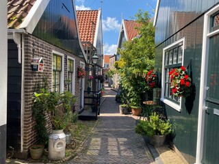 netherlands edam volendam, dutch traditional and historic wooden house, stone road and flower garden - obrazy, fototapety, plakaty