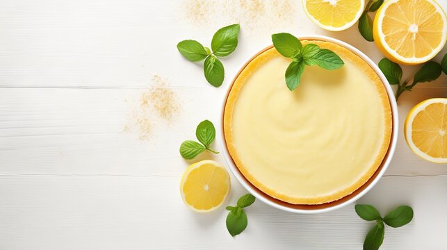  a bowl of cheesecake surrounded by sliced lemons and green leaves.  generative ai
