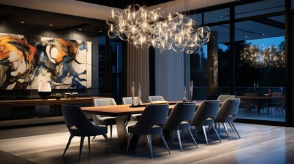 A modern dining area accentuated by a striking chandelier and artistic seating.