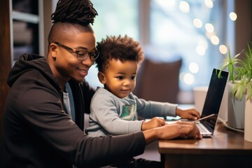 black dad with newborn working from home helping son with schoolwork - obrazy, fototapety, plakaty