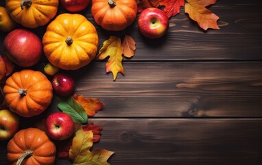 Apples, pumpkins and fallen leaves on wooden background. Copy space for text