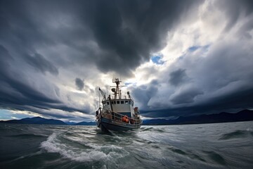 fishing trawler on the high seas under stormy clouds